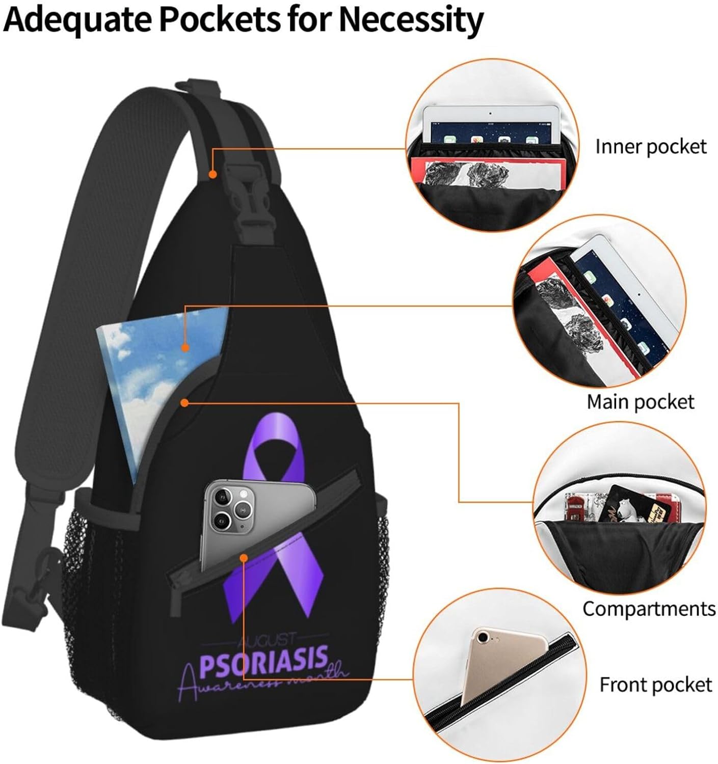 Psoriasis Awareness & Eczema Awareness Orange Purple Ribbon Sling Bag Crossbody Hiking Travel Chest Bags Backpack Shoulder Daypack for Women Men