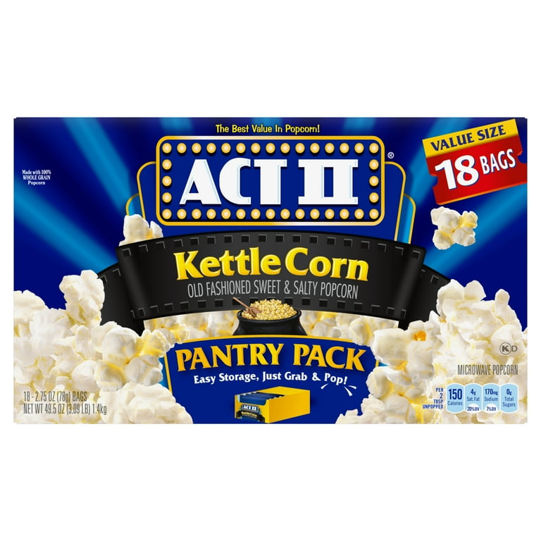 Act II 100% Whole Grain Kettle Corn Microwave Popcorn, 2.75 oz, 18
