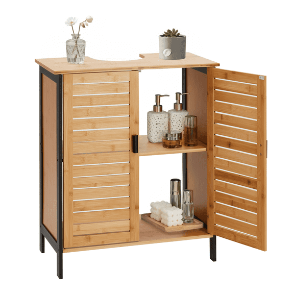 Danrelax 24" Bamboo Pedestal Under Sink Storage Vanity Cabinet, Solid Waterproof Sliding Door Bathroom Organizer with Adjustable Shelf , Modern Farmhouse Bathroom Furniture