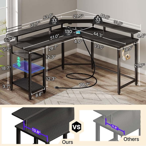 L-Shaped Desk with Power Outlets & LED Strip, Monitor Stand, Storage Shelf & Hooks - Home Office/Gaming Computer Desk
