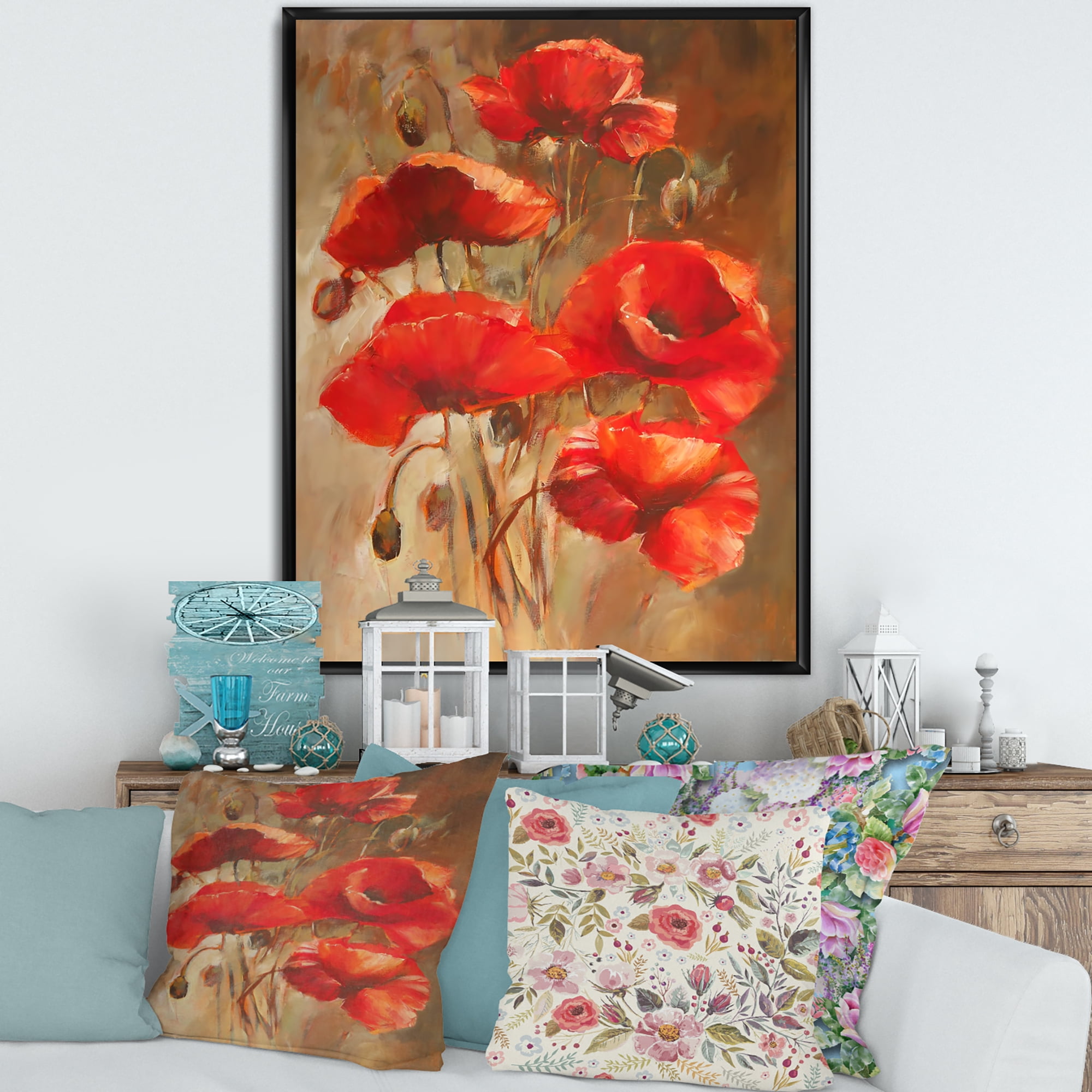 Red Blossoming Poppies Over Wild Brown II 16 in x 32 in Framed Painting Canvas Art Print, by Designart