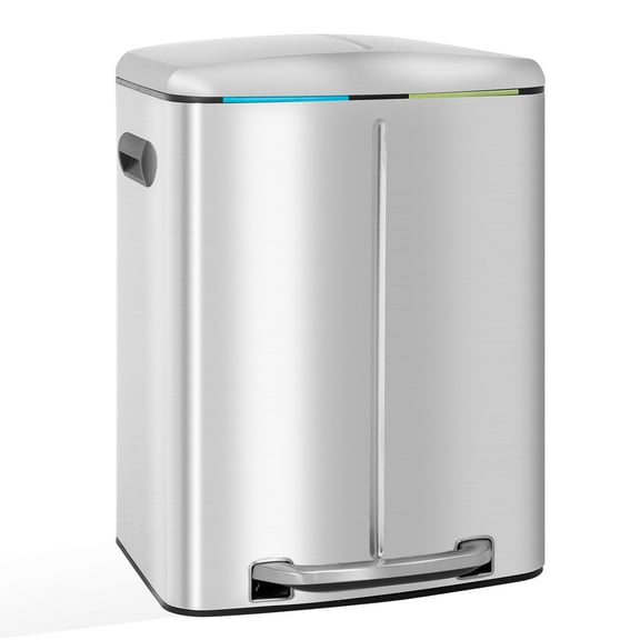 10 Gallon Dual Trash Can, 40 L Garbage Can Kitchen Step Recycle Trash Bin with Dual Removable Bucket, Independent Lids and Pedals, Brushed Stainless Steel, Sliver