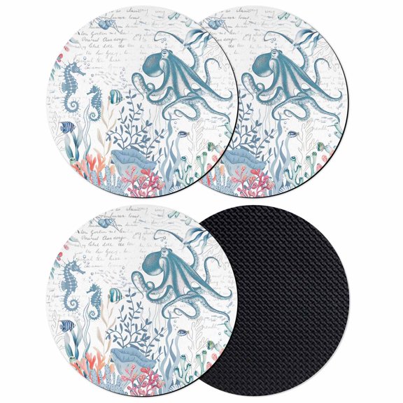 Coastal Octopus Coasters Set of 4, Absorbent Coasters for Drinks, Summer Beach Nautical Ocean Coral Seahorse Coaster for Desk Coffee Table Protection, Home Decor House Warming Gifts 4"