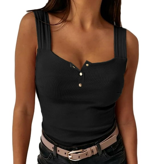 JINMGG Tank Tops for Women under $5,Women Casual Button Sleeveless Solid Slimming Vest Sling Tops Black M
