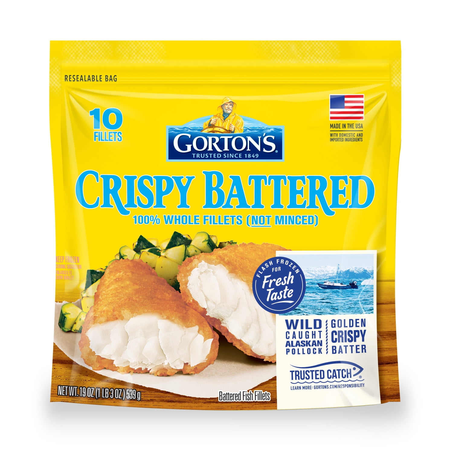 Gorton’s Crispy Battered Fish Fillets, Whole Wild Caught Alaskan Pollock, 10 Count