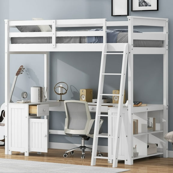 Twin Size Loft Bed with U-shaped Desk, Drawers and Storage Shelves(White)