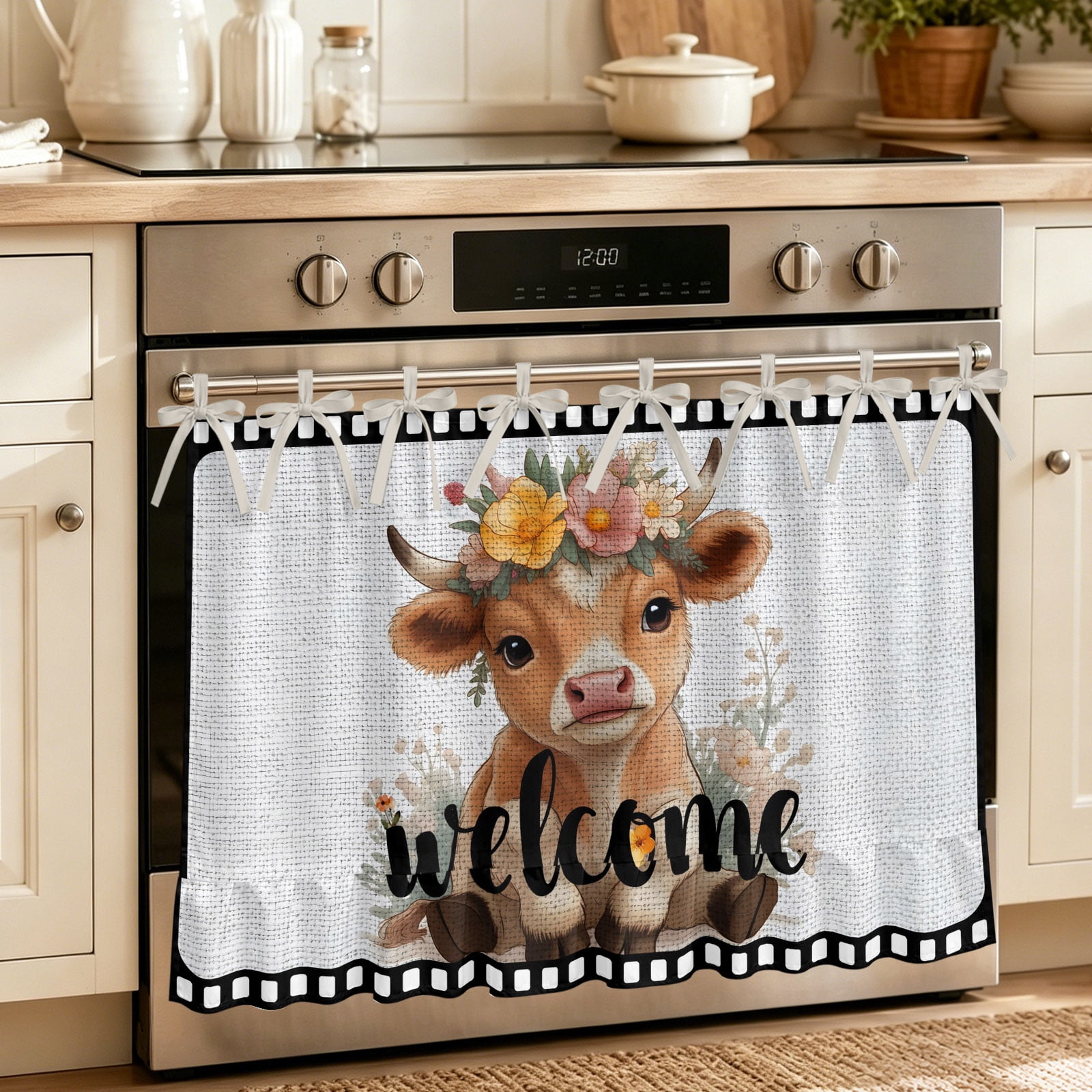Oven Skirt Curtain for Kitchen 21.5x30 Inch Funny Oven Curtain with 8 Ribbon Ties & Ruffle Trim Stove Skirt Curtain Dishwasher for Cabinets Over Sinks Cute Flowers Wreath Welcome Text Black Gray