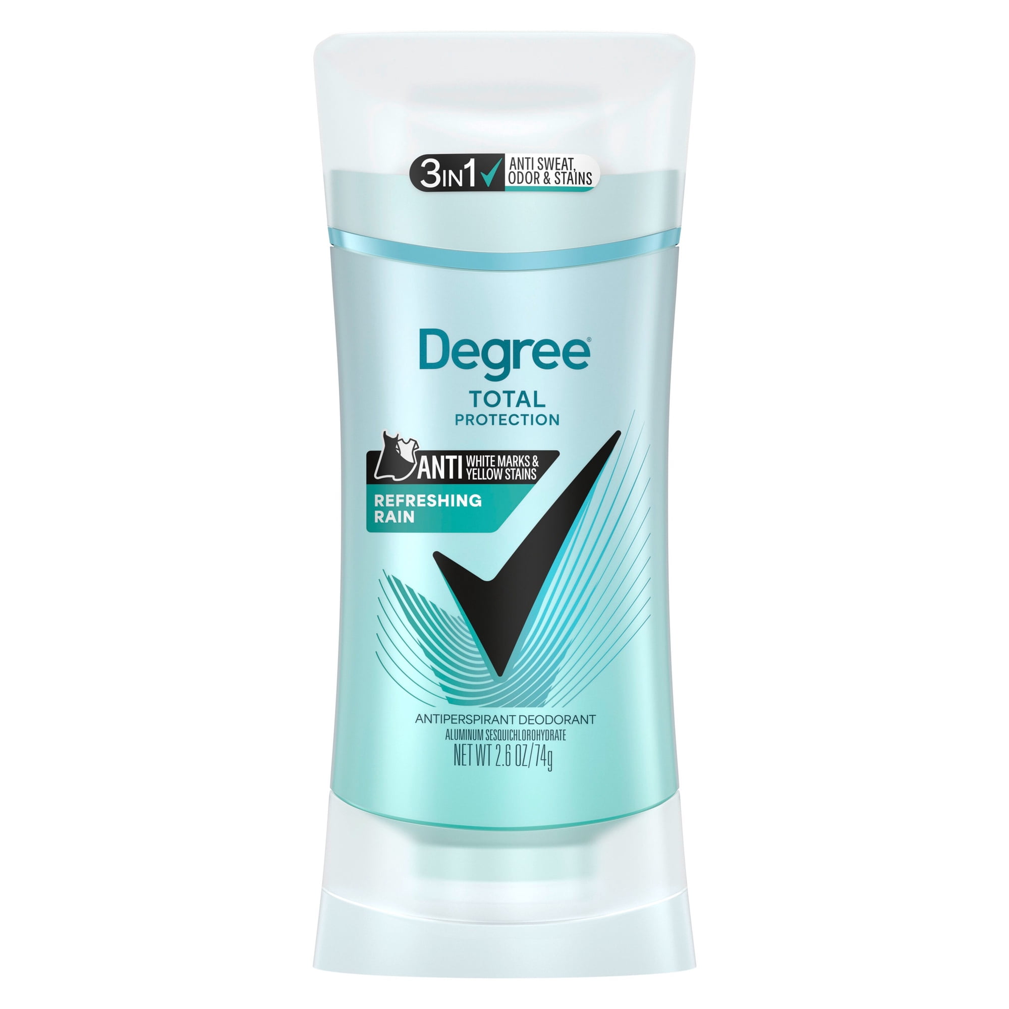 Degree 3in1 Total Protection Antiperspirant Deodorant for Women Anti Sweat, Odor and Stains Refreshing Rain 72-hour Sweat and Odor Protection, 2.6 oz