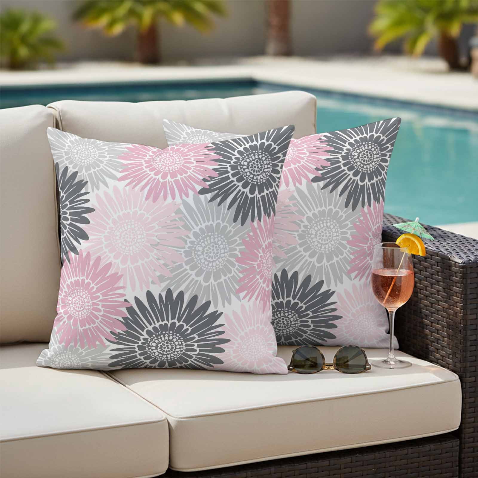 Pink Grey Sunflowers Outdoor Waterproof Throw Pillow Covers 18x18 Set of 2, Boho Rustic Floral Vintage Blossom Decorative Pillowcases Cushion Pillowcase for Couch Sofa Patio Outside Pillow Protector