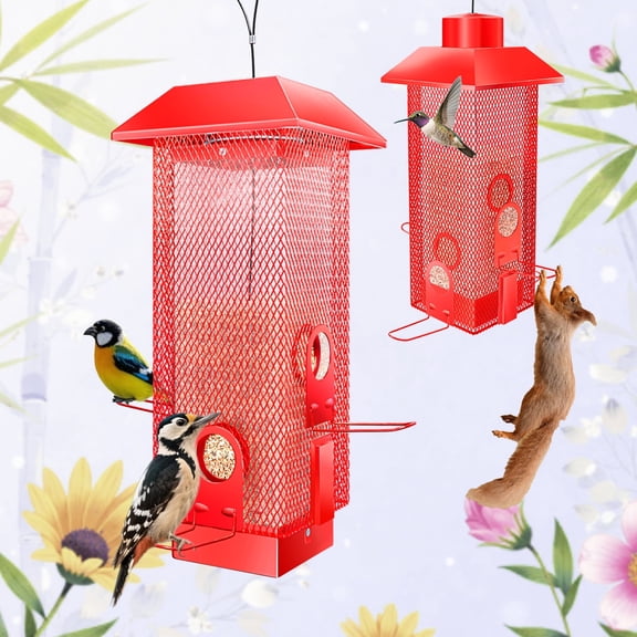 YLTIMER Squirrel Proof Bird Feeder, Metal BirdFeeders for Outdoors Hanging with Detachable Roof, 3lb Gravity Protection Wild Birds Seed Feeders for Cardinal Blue Jay Outside