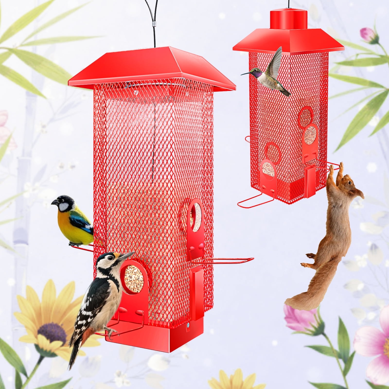 YLTIMER Squirrel Proof Bird Feeder, Metal BirdFeeders for Outdoors Hanging with Detachable Roof, 3lb Gravity Protection Wild Birds Seed Feeders for Cardinal Blue Jay Outside