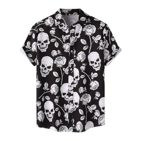 Hpapadks Mens Shirt Halloween Short Sleeve Tops Lapel Button Down Multicolor Floral Print Blouses Mens Dress Shirt Black L
