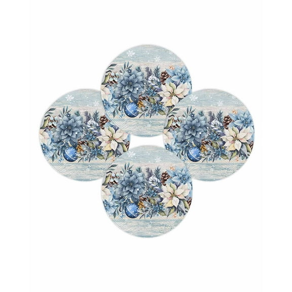 Christmas Round Placemats Set of 4 Poinsettia Floral Place Mats Washable Woven Placemat Blue Xmas Balls Berry Pine Cones Circle Braided Table Mat for Kitchen Dining Table Party Home Decor 15 Inch