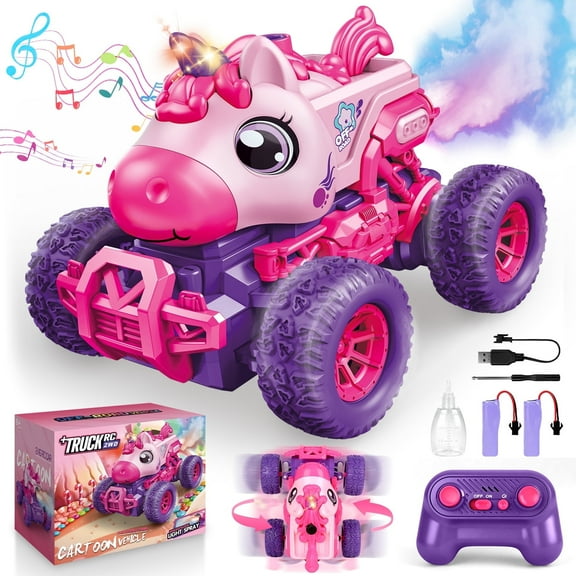 UUSUOO Unicorn Remote Control Cars for Girls 3-6,Rechargeable RC Cars for Kids with Spray & LED Light,Christmas Gifts Unicorn Toys for Boys Girls 3 