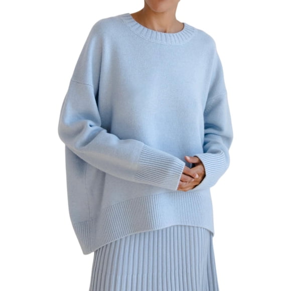 Baberdicy Sweaters for Women, Women's Fall and Winter Knit Crew Neck Loose Solid Color Sweater Womens Sweaters Light Blue