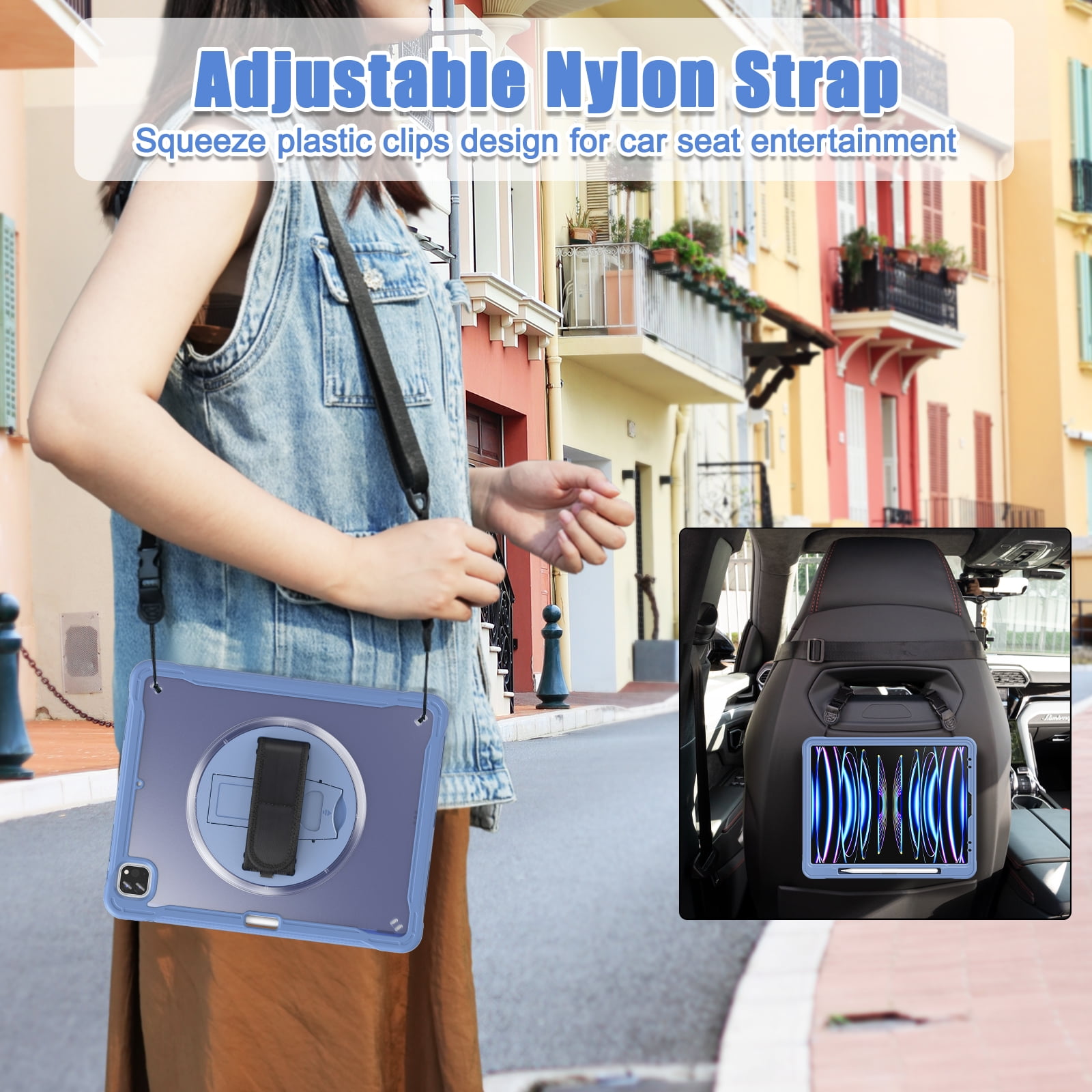 Allytech Rugged Case for Apple iPad Pro 12.9 2022/22021/2020/2018 6th/5th/4th/3rd Gen Kicktand Translucent Back Cover Shockproof Adjustable Shoulder Strap Kids Friendly with Pencil Holder-Grey