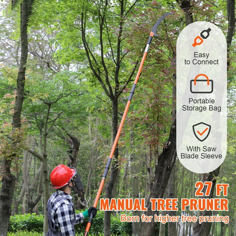 Kffkff Manual Pole Saw Extendable Tree Pruner 7.3 27ft Fiberglass Pole Hook Knife Orange