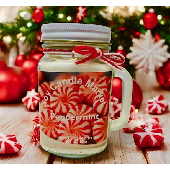 16 oz Peppermint Scented Candle with 85 Hours Burn Time, Handmade, Highly Aromatic, Glass Jar