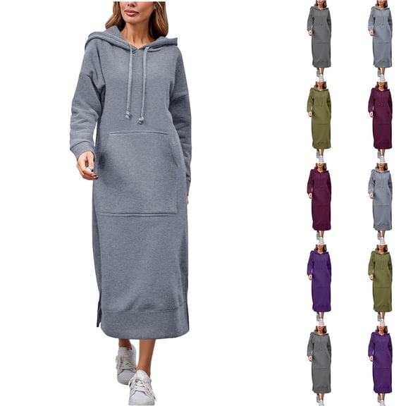 UKHCCC Women's Hoodie Dress Fleece Lined Long Sleeve Sweatshirt Dress Casual Oversized Long Maxi Dress with Kangaroo Pocket S-5XL