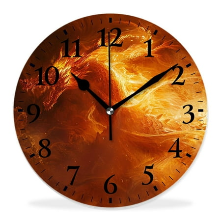 14 Inch Wall Clock Battery Operated Silent Clock Decorative for Office, Kitchen, Outdoor, Living Room,Fire Dragon with Fire Flames Stunning