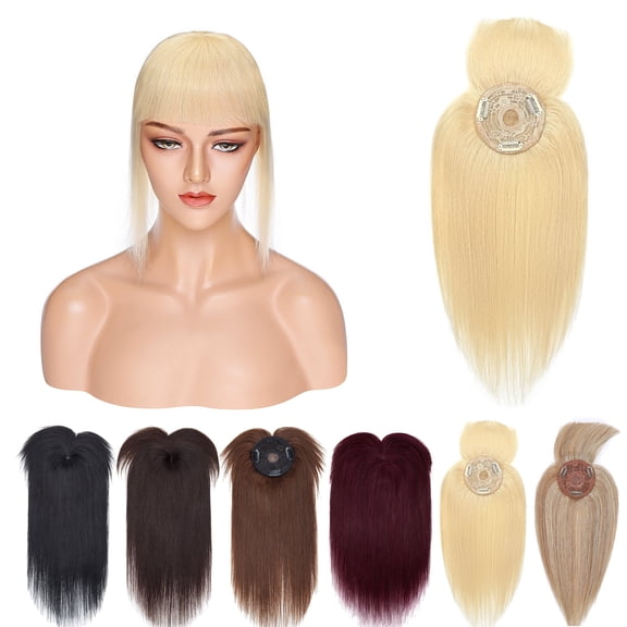 DAPRZIY Hair Toppers for Women Real Human Hair with Bangs 3 Clip In Remy Topper Hairpiece for Thin Hair Natural Looking Hair Extensions 10inch #613 Bleach Blonde