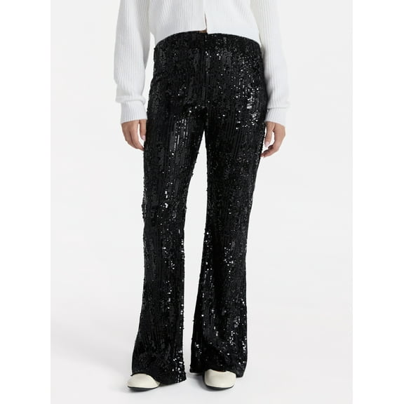 No Boundaries Sequin Flare Pants, Women's and Women's Plus