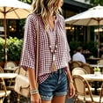 thumbnail image 6 of VBVC Women's Gingham V Neck Blouse, Ladies' 3/4 Sleeve Summer Tunic Top, Casual Loose Fit Checkered Shirt For Women, Hot Pink , S-3XL, 6 of 7