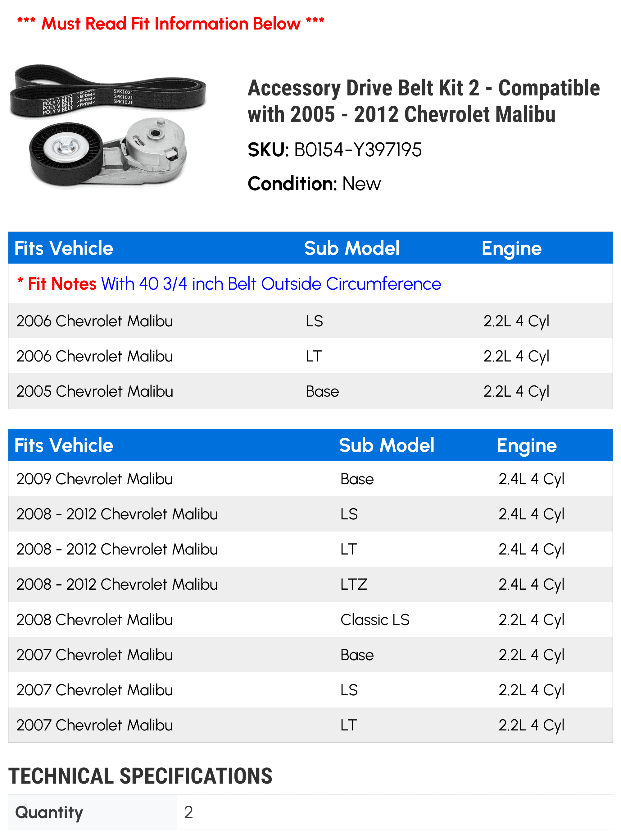 Accessory Drive Belt Kit 2 - Compatible with 2005 - 2012 Chevrolet Malibu - Autopart Premium