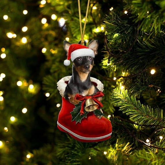 Acrylic 2D FLAT Miniature Pinscher In Santa Boot Christmas Hanging Ornament