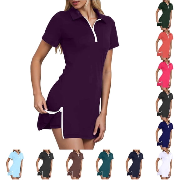 Tanghaowl Short Sets for Women, Women's Comfortable Slim Fit Short Set for Daily Wear featuring Soft Stretch Zipper Short Sleeve Sports Style Dark Purple XL