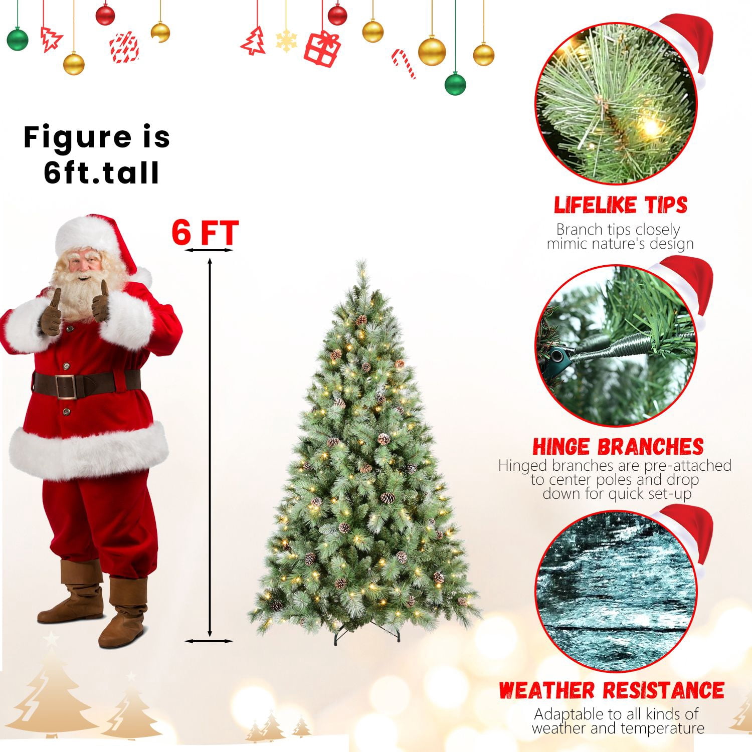 6FT Christmas Tree with 300 Warm White LED Lights, 988 PVC & Hard Needle Tips, 66 Pine Cones, Hinged Branch Design, Sturdy Metal Stand, Full Realistic Holiday Tree