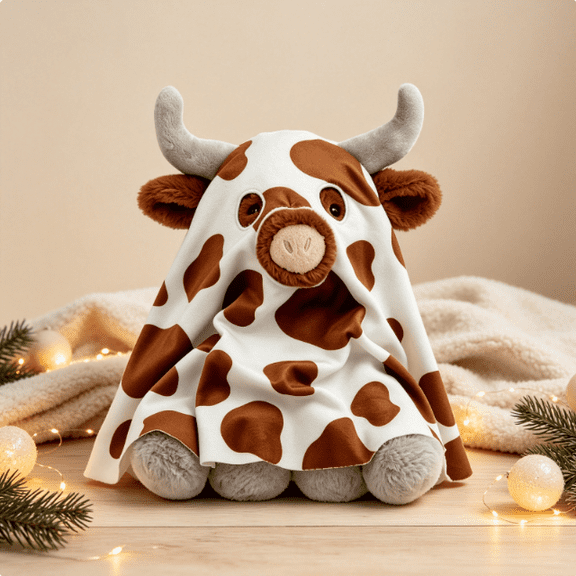 Holiday Spotted Longhorn Cow Ghost Plush Toy, Cute Cow Wearing Ghost Sheet Stuffed Animal, Soft Plush Gift for Kids and Cow‑Lovers Halloween Decor