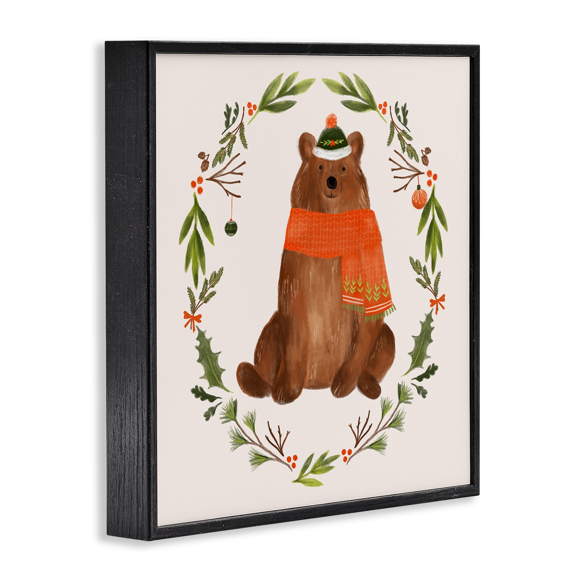 Stupell Industries Holiday Bear Wreaf Holiday Painting Black Framed Art Prints Wall Art, 24 x 24
