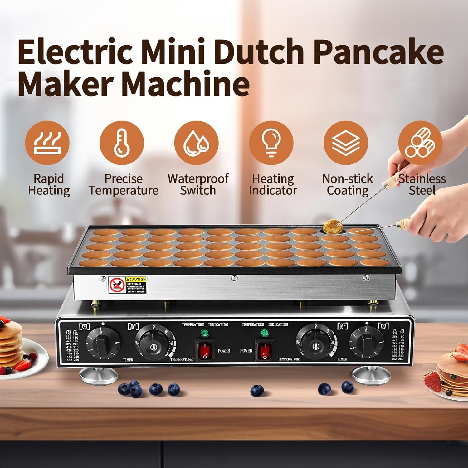 Yonopro 50PCS Mini Pancake Maker, 110V 1800W Commercial Mini Dutch Pancake Maker, 1.8 In Commercial Nonstick Waffle Maker with  2 Thermostats & 2 Timers Separate Control, for Home Restaurant