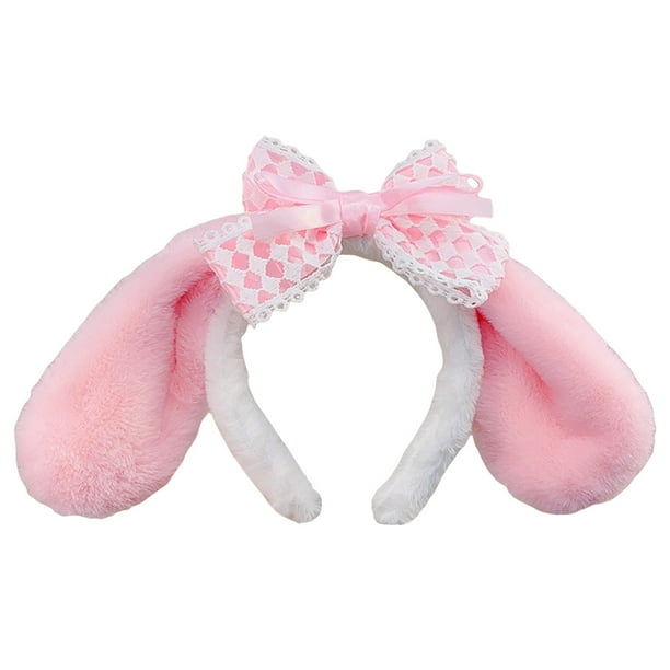 Diadema con orejas de conejo rosa, diadema con orejas de conejo y lazo, gorro con orejas de conejo peludas para niñas y mujeres, disfraz, cosplay, fiesta