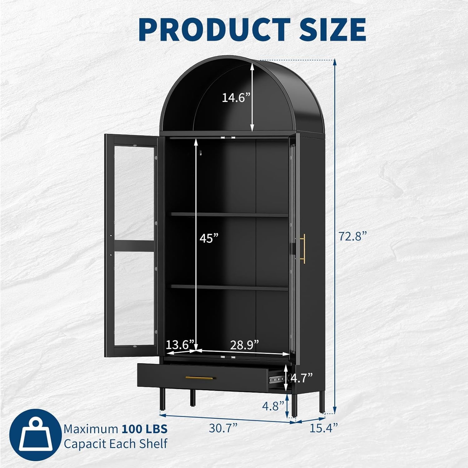 M optimized 73" Arched Pantry Cabinet with Glass Door, 2 Adjustable Shelves & Drawers, Modern Metal Bookcase, Freestanding Display Cabinet for Living Room Dinning Room, Black