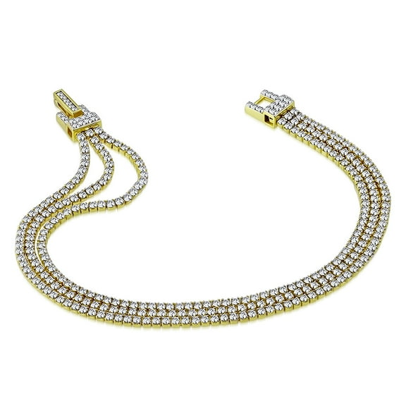 925 Sterling Silver Yellow Gold-Tone Clear CZ Triple Strand Tennis Bracelet, 6.5"