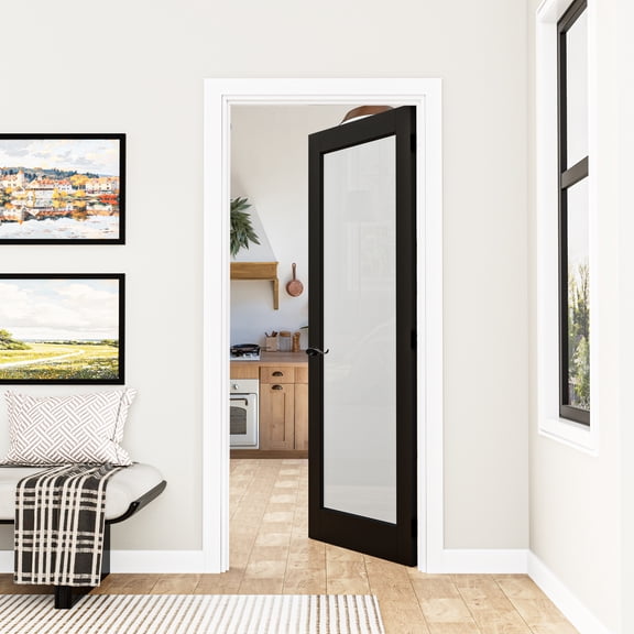 24" X 80" 1-Lite Frosted Glass Black Pre-Finished Paint Interior Solid Core Doors With Door Frame And Curved Handle