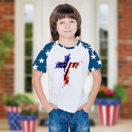 BLTIBY 2025 Girls Boys Summer Short Sleeve Top Child Kid Round Neck Independence Day Printed Shirts Toddler Infant Fashion Casual Loose Pullover Blouse Blue 9-10 Years