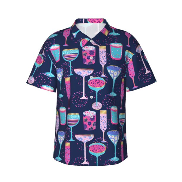 Balery Wine Glasses And Cocktails Camisas hawaianas de manga corta para hombre, camisas playeras de corte holgado, camisas de vacaciones con botones,Small