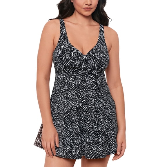 Swim Solutions Womens Abstract Bow Swimdress One Piece Swimsuit Black / White 16