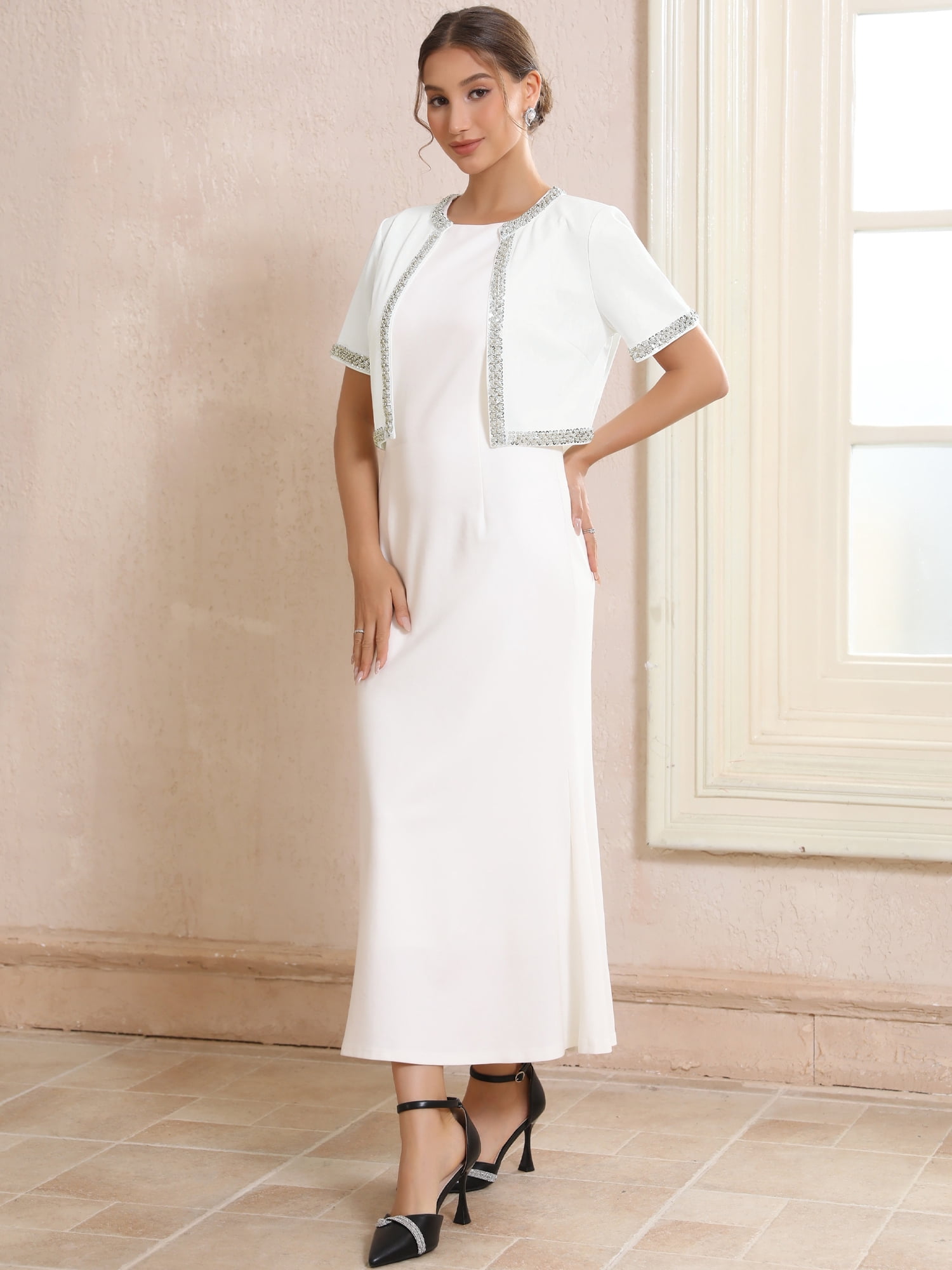 DARING DIVA Women's Formal Cocktail Wedding Sequin Bolero Shrug M White