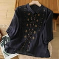 thumbnail image 2 of WREESH Women's Summer Boho Button Down Shirts Cotton Linen Blouses with Printed Loose Shirts for Three Quarter Sleeve Tops, Navy, 2 of 9