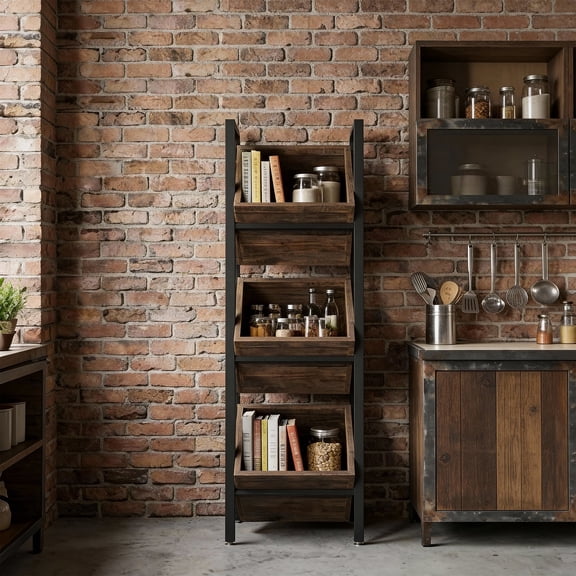 Kiootto  15" Industrial 3-Tier Storage Bin Organizer, Rustic Brown Wooden Vertical Stand with Angled Baskets for Kitchen, Pantry, and Bathroom, Black Frame