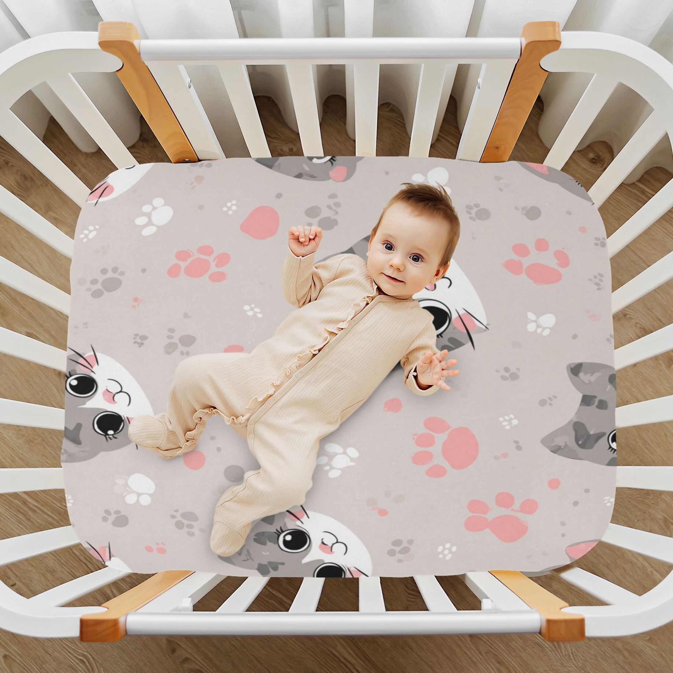 Baby Essentials 52”x 28”- Standard Cotton-like Modal Elastic- Cartoon Cat Face Design Crib Sheets for Newborns and Toddlers