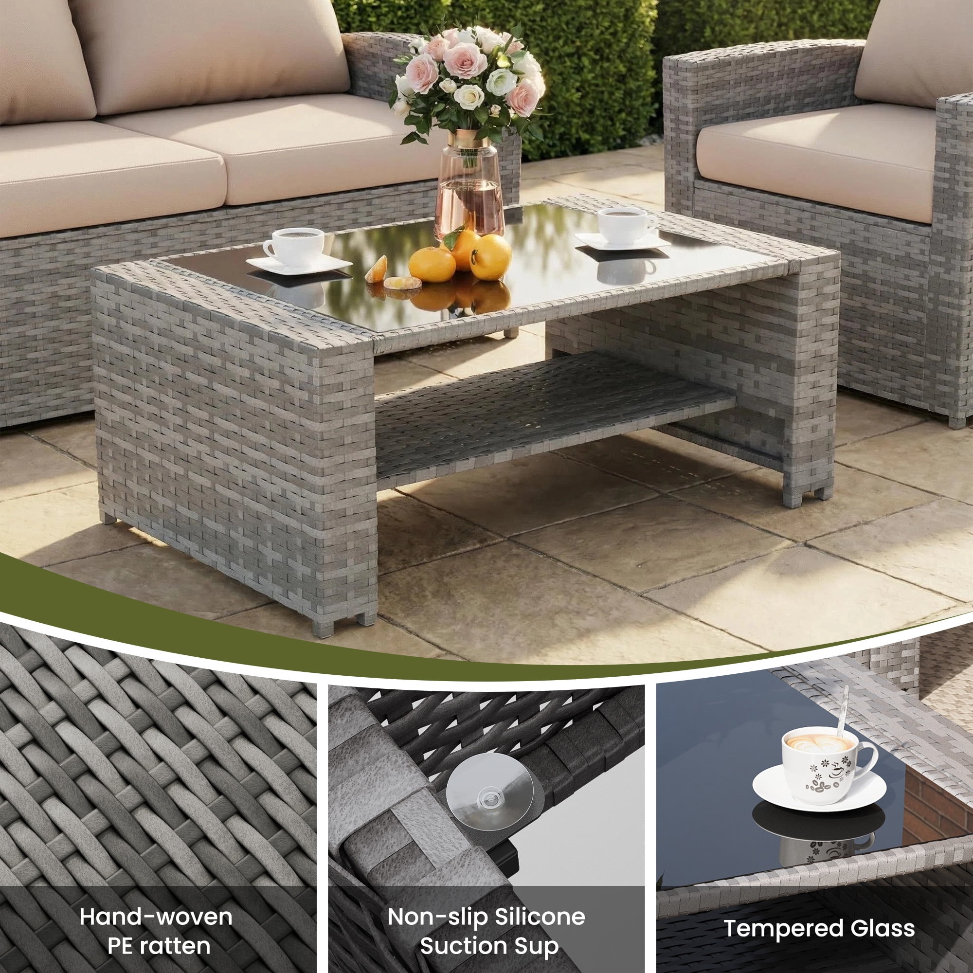 ELPOSUN 5 Pieces Outdoor Sectional PE Rattan Conversation Sofa Set with Gray Wicker, Beige