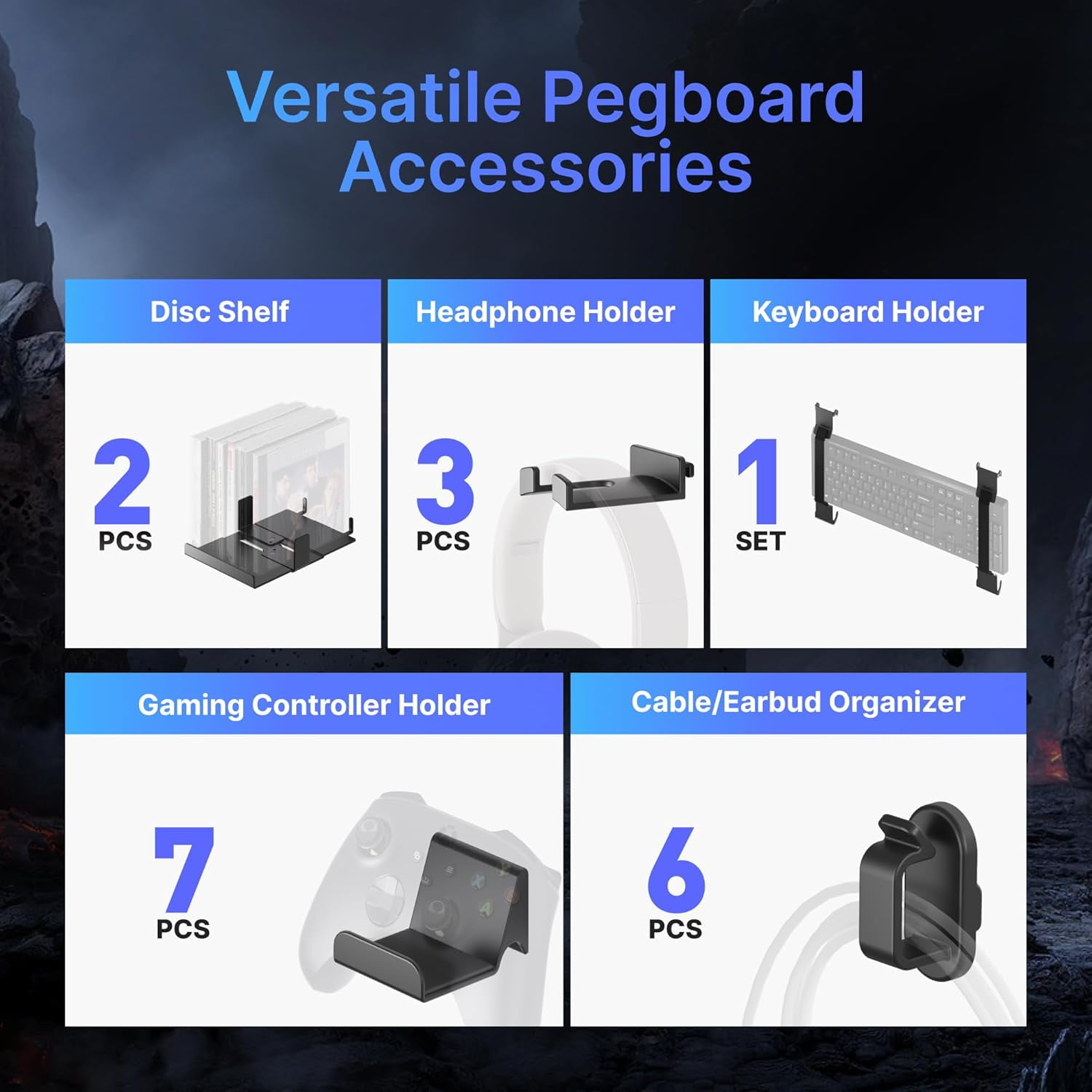 PEGZONE Controller and Headphone Holder Wall Mount, Modular Gaming Pegboard with Accessories, Controller Stand for Xbox PS5 PS4 Switch, Video Game Storage, Disc Shelf Organizer, 7pcs Pegboard, Black