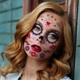 thumbnail image 2 of Tatuajes temporales de cara de Halloween (paquete de 9), día de los muertos, calavera de azúcar floral, esqueleto negro, rosa roja, máscara de cara completa, tatuaje para adultos, hombres y mujeres, JAMW Sencillez, 2 of 5