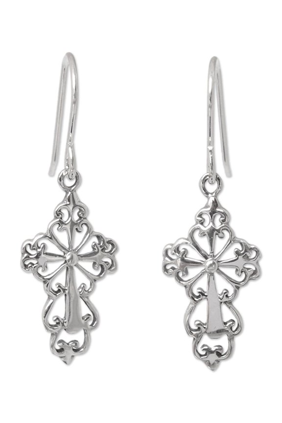 Sterling silver dangle earrings, 'Ornate Cross'
