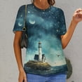 thumbnail image 6 of Lighthouse Sunrise Coast Scenery Pale Blue Tan Womens Tops Women's Fashion Casual Short Sleeve Flower Print Round Neck Pullover Top Blouse, 6 of 6